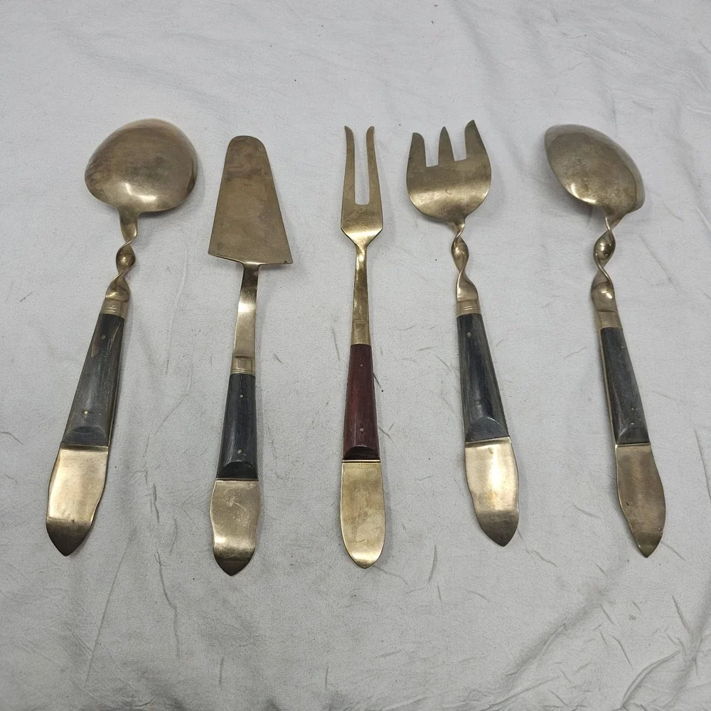 Vtg  Siam Thailand Brass  serving Fork & 2  Spoon, Pie Servire, Meat Server‎